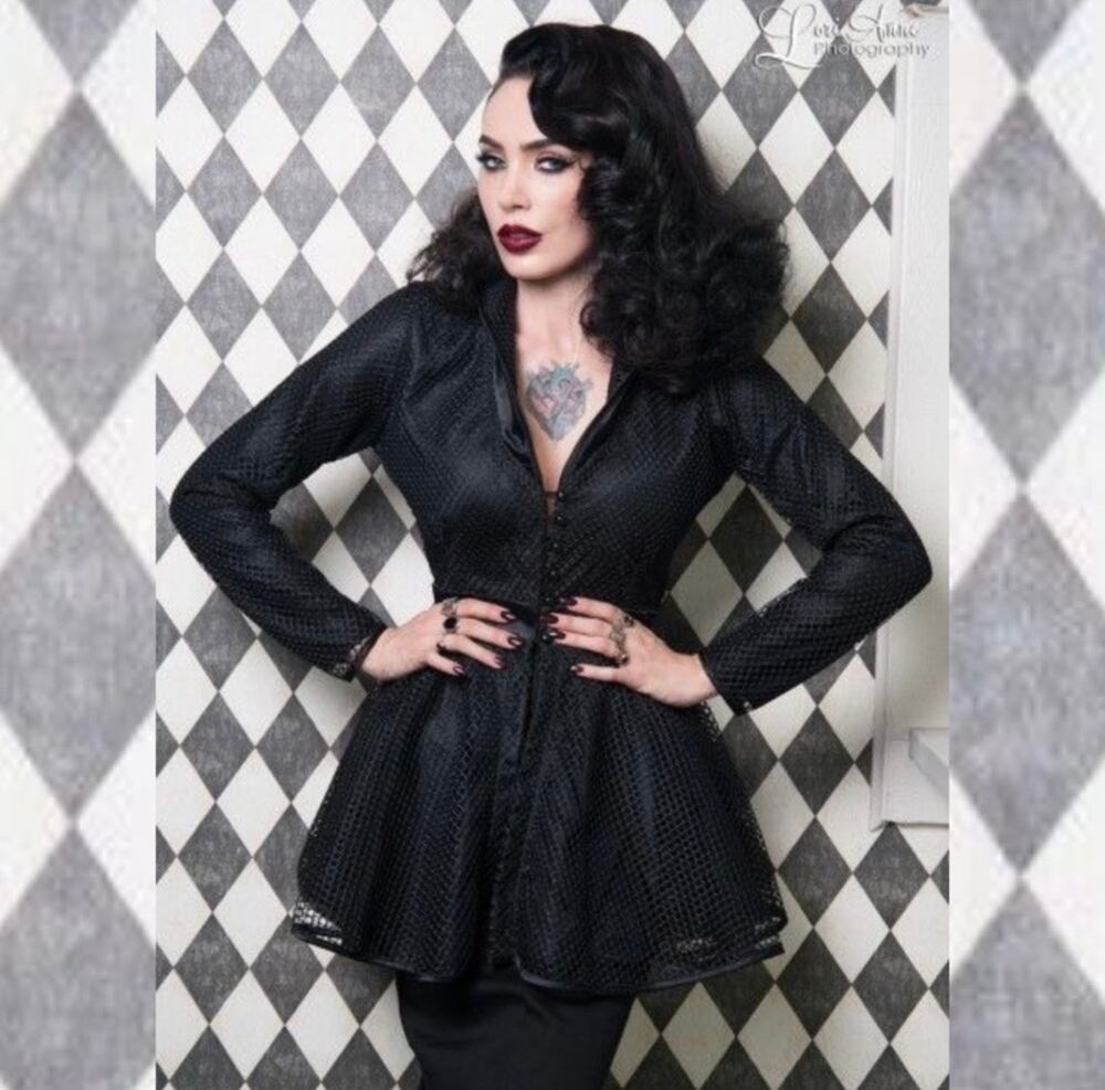Laura Byrnes Black Fishnet Mesh Bustle Jacket XL Pinup Girl Fall 2014 NWT Goth